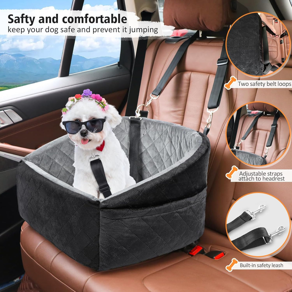 Dog Car Seat for Small Dogs,Detachable Washable Dog Booster Seat Under 30lbs, Pet Car Seat Travel Bed with Storage Pockets and Dog Safety Belt (Black/Grey)