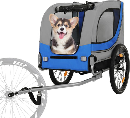 Blue-Grey Large Folding Bike Trailer for Dogs – Heavy-Duty Steel Frame, 66LB Capacity Pet Carrier for All-Terrain Cycling, Jogging & Camping Adventures!