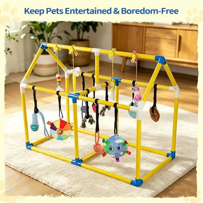 Liitrton Puppy Play Gym for Small Dogs & Kittens, Large PVC Yellow Frame | Indoor Puppy Jungle Gym with 14 Hanging Enrichment Toys, Reduce Puppy & Cats Boredom