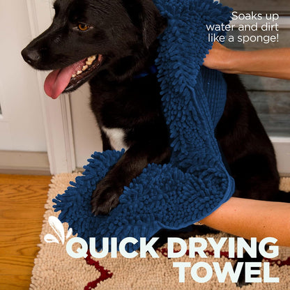 Soggy Doggy Super Shammy Dog Towel - Microfiber Chenille Towel for Drying Dogs and Cleaning Paws - Fast Drying with Hand Pockets for Ease (Navy Blue, 31” x 14”)