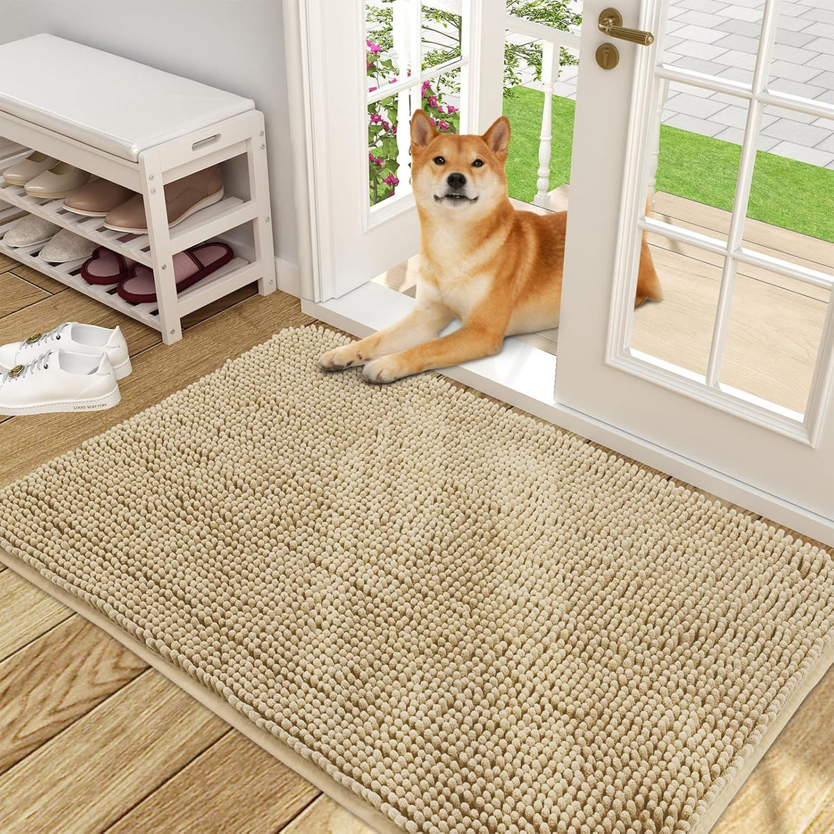 OLANLY Dog Door Mat for Muddy Paws 48x30, Absorbs Moisture and Dirt, Absorbent Non-Slip Washable Doormat, Quick Dry Chenille Mud Mat for Dogs, Entry Indoor Entryway Carpet for Inside Floor, Beige