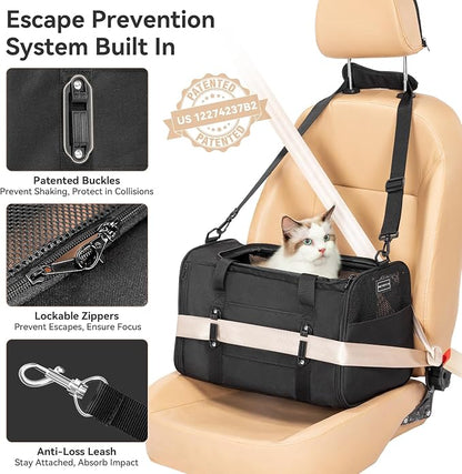 PETSFIT Large Cat Carrier with Patented Safety Buckles,Big Cats Up to 20 lb | Secure Carrier for Safe Driving, Lockable Zippers, Safety Tether, Travel Pet Carrier for Trips & Vet Visits,19 x 12 x 12