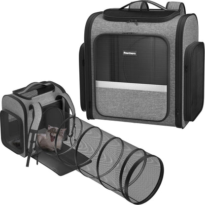 Pawtners Cat Carrier Backpacks Expandable Cat Backpack with Breathable Mesh, Pet Carrier Backpack for Cats Small Dogs Puppies Up to 18 Lbs, Dog Carrier Backpack for Travel Hiking Camping Outdoor