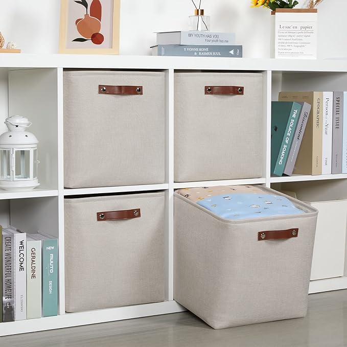 DULLEMELO Storage Bins, 4 Pack Of 13x13x13 Decorative Storage Cube Bins Suit Office, Home, Shelves And Closet, Cube Storage Bin with Leather handle(4 Pack - 13" Beige)