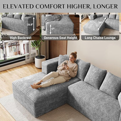Modular Sectional Sofa, 107" L Shaped Cloud Couch Plush Corduroy Deep Seat Boneless Sofas with 5 Pillows Long Chaise Lounge Couches Memory Foam for Living Room - Grey, Left Facing Chaise