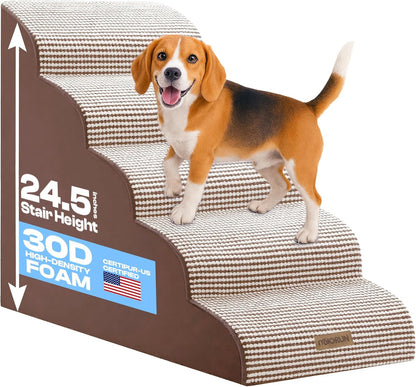 Curved Dog Stairs for High Bed Up to 26", 5-Step Dog Ramp for Small Dogs with Washable Cover, Non-Slip Steps for Cats to Get on Couch and Sofa, Durable Foam Ladder for Medium Breeds, White Coffee