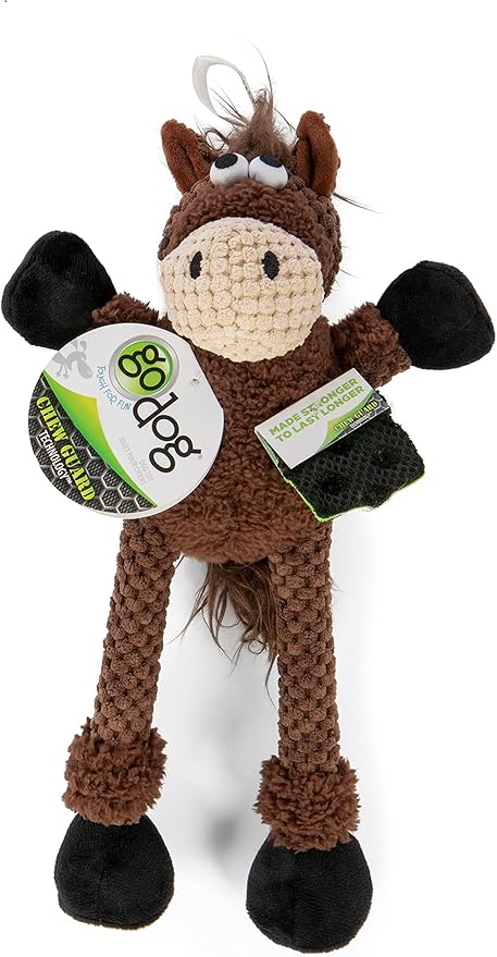 goDog Checkers Skinny Horse Squeaky Plush Dog Toy, Chew Guard Technology - Brown, Small