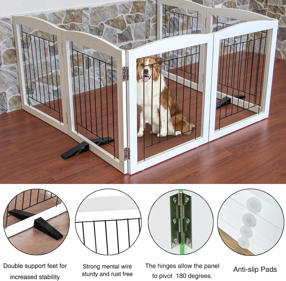 ZJSF Freestanding Dog Fence Indoor, Foldable Dog Gate for Doorways, Stairs or Hallways, Sturdy Wood Extra Wide Pet Gate with Support Feet for The House, White, 24 "Height-6 Panels