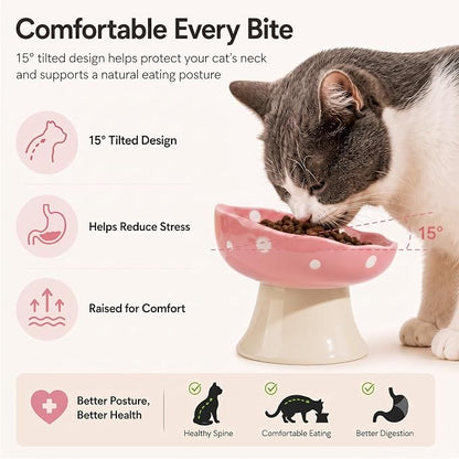 Pink Mushroom Cat Bowl, Elevated Ceramic Feeding Bowl | Elevated, Ceramic, Tilted Design, Whisker-Friendly, Dishwasher Safe, cute