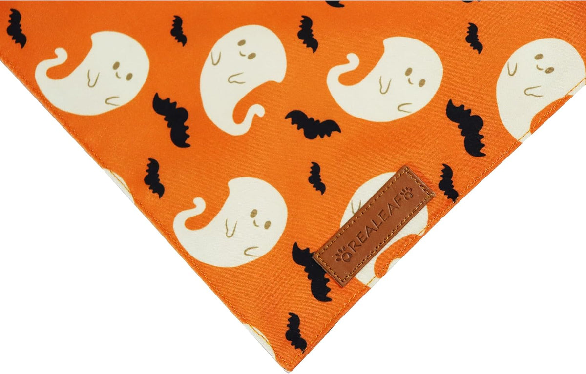 Realeaf Halloween Dog Bandanas 2 Pack, Spider Web Ghosts Bibs, Triangle Reversible Fall Pet Scarf, Premium Durable Fabric, Adjustable Fit (Halloween, Large)