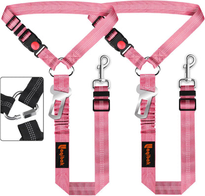 Removable Dog Seat Belt Harness for Car, 3 in 1 Pet Dog Car Seatbelt Leash, Retractable Restraint Secures to Vehicle Headrest & Adjustable Reflective Bungee Dog Seatbelt Tether, Pink