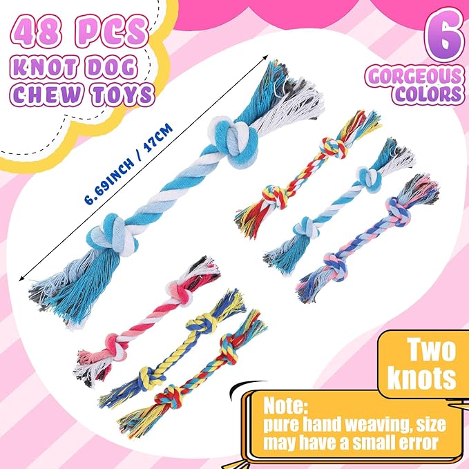Syhood 48 Pcs Dog Toys Bulk Chew Ropes Dental Cotton Teething 2 Knot Tug of War Toy for Aggressive Chewers Small and Medium Dogs Puppies