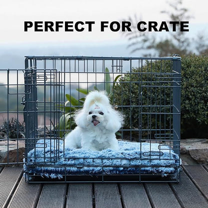 Bedfolks Waterproof Crate Bed, Plush Dog & Cat Bed with Removable Washable Cover, Faux Fur Kennel Pad, 23"x18", Dark Blue