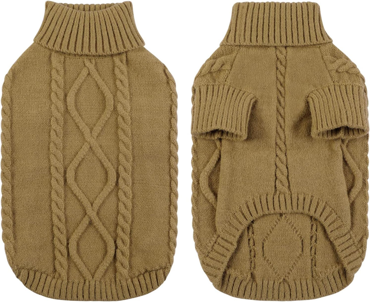 Queenmore Small Dog Pullover Sweater, Cold Weather Cable Knitwear, Classic Turtleneck Thick Warm Clothes for Chihuahua, Bulldog, Dachshund, Pug (Light Brown, Large)