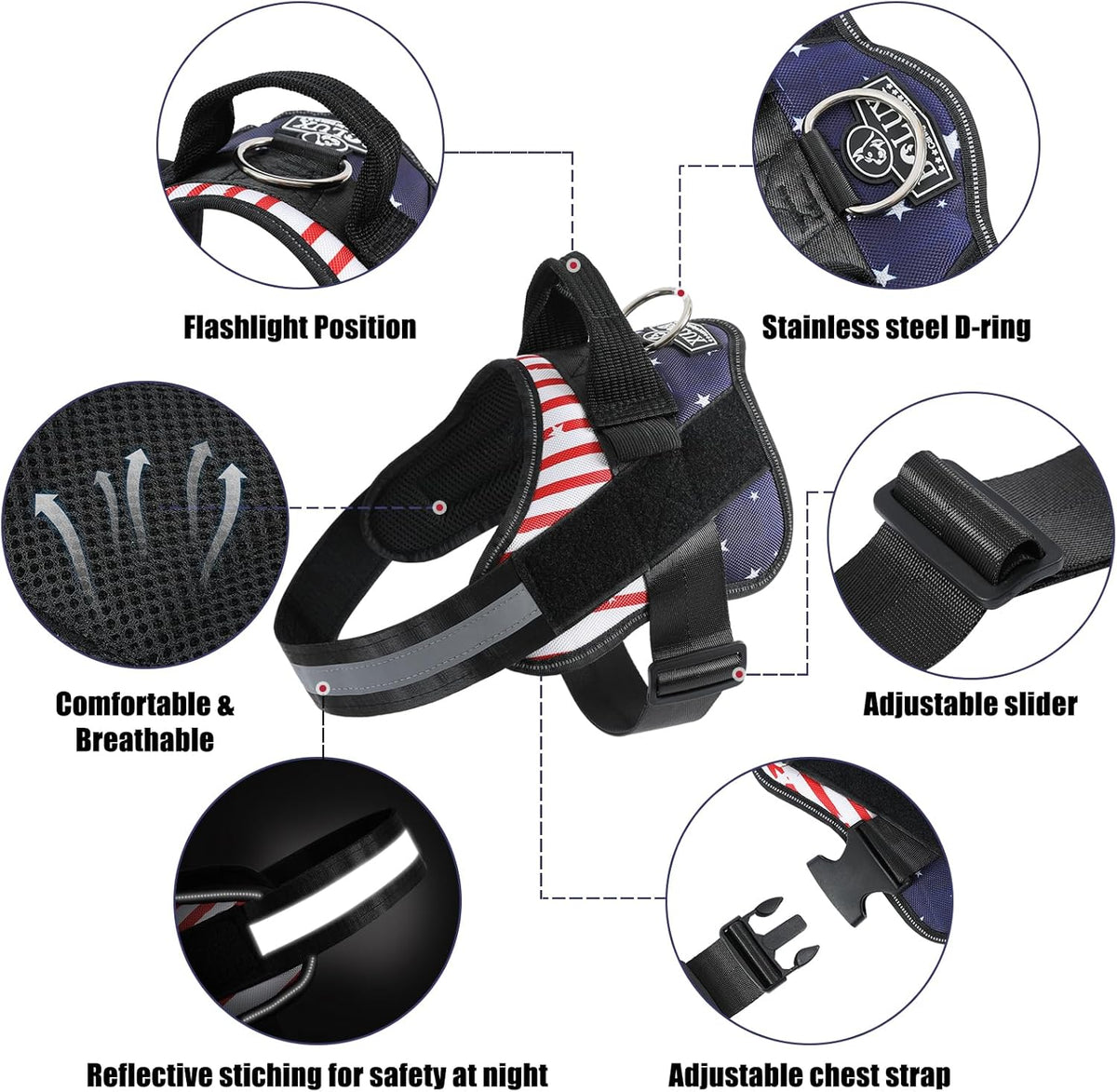 Bolux Dog Harness, No-Pull Reflective Dog Vest, Breathable Adjustable Pet Harness with Handle for Outdoor Walking - No More Pulling, Tugging or Choking (Flag, Small)