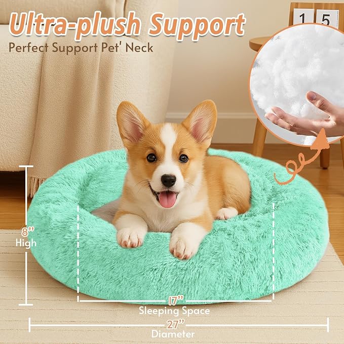 JOLLYVOGUE Calming Dog Bed Medium Size Dog, Anti-Anxiety Donut Medium Pet Bed, 27 inches Fluffy Faux Fur Round Cat Bed (Mint Green)
