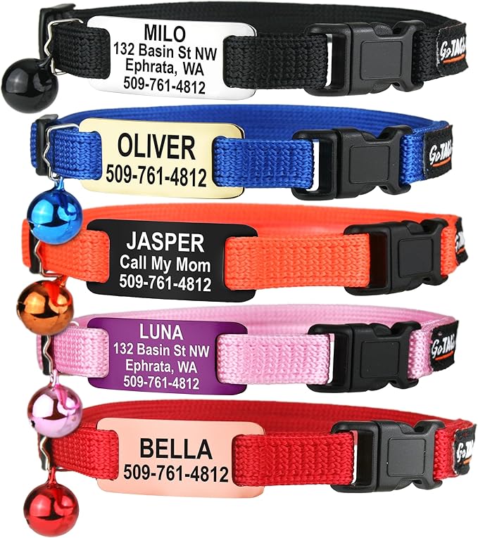 GoTags Cat Collars with Personalized Tag, Breakaway Collar with Safety Buckle Matching Bell, Engraved Custom with Name and Phone, Adjustable for Cats and Kitten, (Black with Nameplate)
