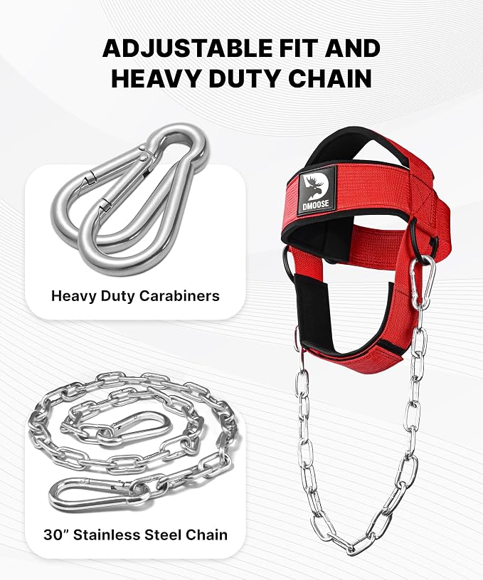 DMoose Fitness Neck Harness for Weight Lifting - Soft Padded Head & Chin Strap with 30" Heavy Duty Steel Chain - Neck Exerciser, Trainer & Strengthener to Support Injury Recovery and Intense Workouts