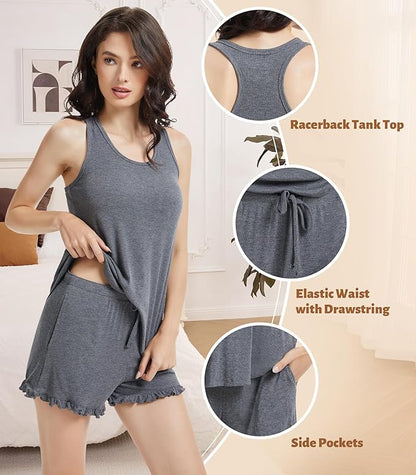 NACHILA Pajamas for Women-Viscose from Bamboo, Ribbed Racerback Tank Top Sexy Split Shorts Pajama Sets Cooling Sleep Cami Pjs