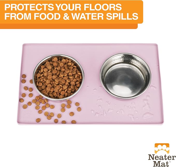 Neater Pet Brands Neater Mat Pet Mats for Food and Water, Cat & Dog Bowl Mat Waterproof Silicone, Feeding Tray, Dog Food Mats for Floors, Placemat w/Raised Edge for Under Bowls, 19” x 12”, Light Pink