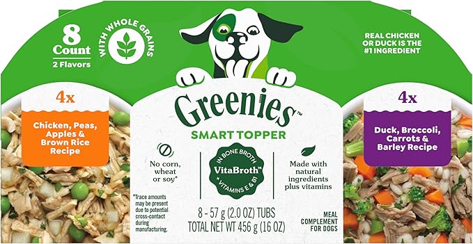 Greenies Smart Topper High Protein Wet Mix-in for Dogs, Chicken, Peas, Apples, and Brown Rice Recipe & Duck, Broccoli, Carrots and Barley Recipe Variety Pack with Whole Grains, 8 Trays of 2oz.