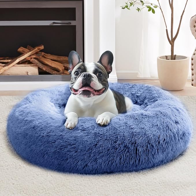 JOLLYVOGUE Calming Small Dog & Cat Bed for Indoor Cats - 20 inches Washable Donut Bed for Kittens & Puppies, Anti-Anxiety Round Fluffy Plush Pet Beds (Fits up to 15 lbs, Navy Blue)