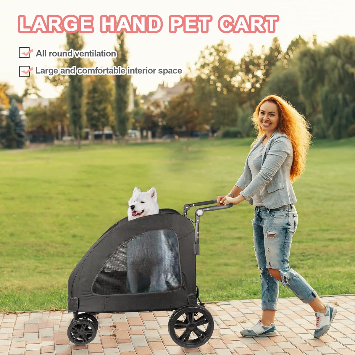 Large Dog Travel Stroller with 4 Heavy Duty Wheels Pet Stroller with Adjustable Handle - Double Doggie Capacity Jogger Wagon with Back Front Door for Small Medium Large Dogs (Black)