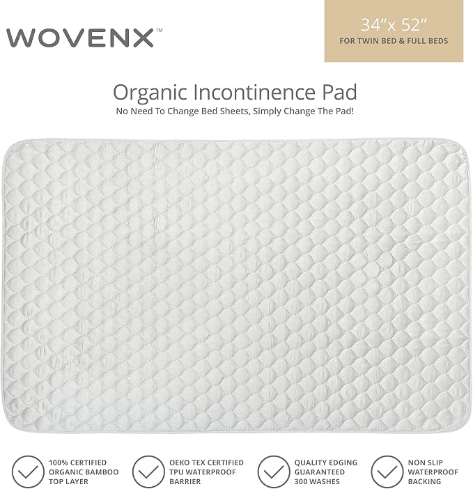 Organic Incontinence Pads for Kids & Toddlers - 5 Layer Waterproof Protectors for Overnight Bed Wetting - Reusable & Washable Pee Pads - Fits Twin to Full Size Beds - 34" x 52" White