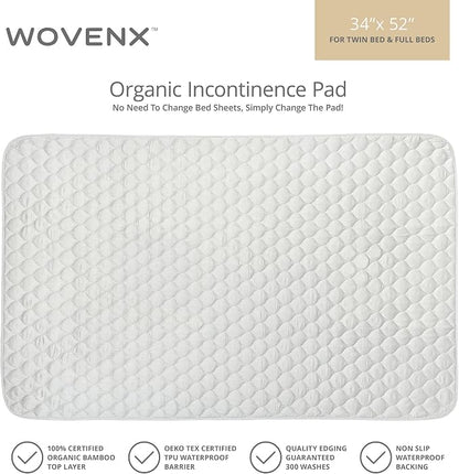 Organic Incontinence Pads for Kids & Toddlers - 5 Layer Waterproof Protectors for Overnight Bed Wetting - Reusable & Washable Pee Pads - Fits Twin to Full Size Beds - 34" x 52" White