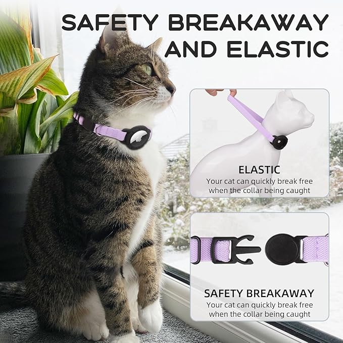 AirTag Cat Collars, Stretchy Collar with Apple AirTag Holder and Bell, Breakaway Ultra Design Elastic GPS Tracking Collars for Cats and Puppies, (7.5-12.5 Inch), Purple