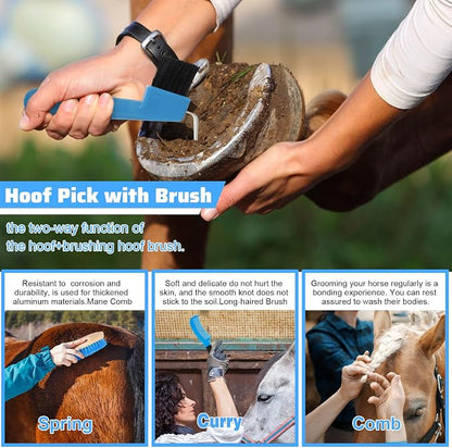 Abbylike 12 Pieces Horse Grooming Kit Racing Festival Tack Room Supplies Horse Brush Sets Equine Care Cleaning Kit Shedding Grooming Massaging Tools(Blue)