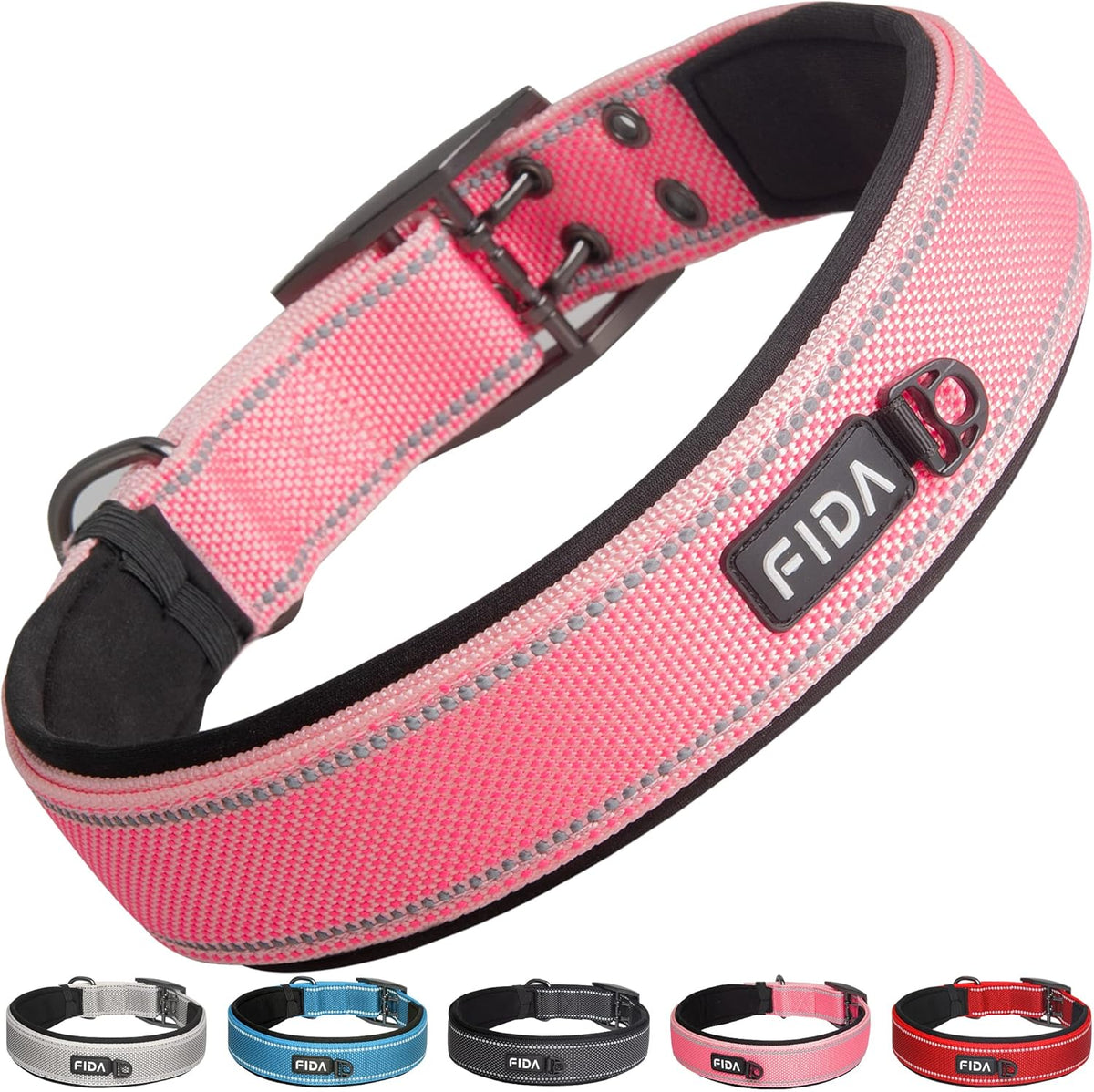 Fida Heavy Duty Dog Collar 1.5” Width, Ultra Soft Neoprene Padded, Adjustable Reflective Nylon Pet Collar with Two Metal Pin Belt Buckle for Large/X-Large Breeds (XL, Pink)