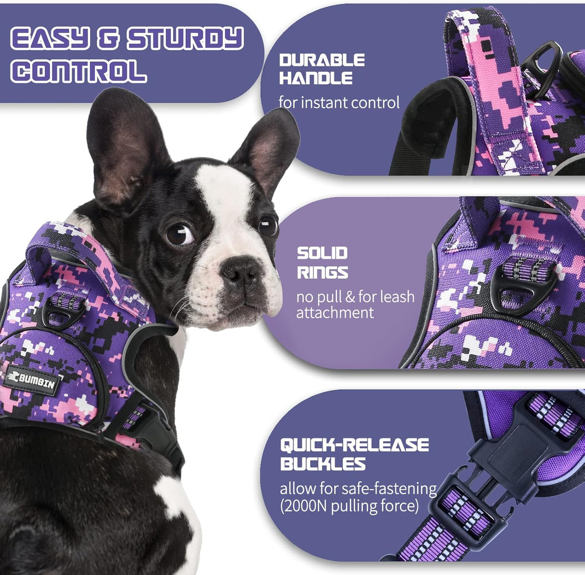 No Pull Dog Harness for Medium Dogs, Adjustable No Choke Pet Vest with Dog Leash Fit Smart Reflective Pet Walking Harness for Training Easy Control Soft Handle Purple Camo M