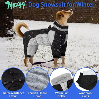 MIGOHI Full Body Dog Coat - Warm Reflective Large Dog Winter Coat with Harness,Turtleneck Fleece Jacket for Dogs,Four-Leg Windproof Puffer Jackets Snowsuit with Zipper for Small Medium Large Dogs,2XL