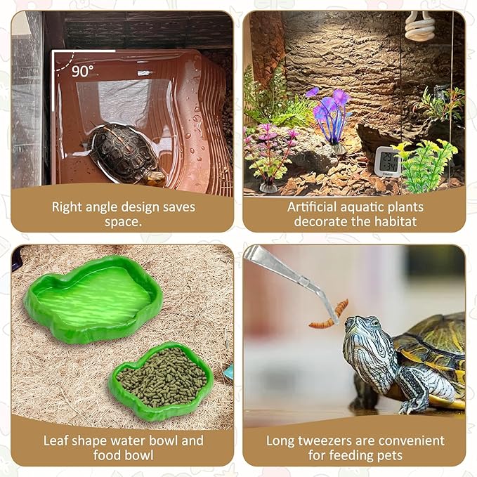 Reptile Bathing Pool 2-in-1 Tortoise Water Dish with Ramp Turtle Feeding Bowl with Steps Plastic Reptile Food & Water Dishes 7 Pcs Gecko Habitat Decoration Accessories Lizard Bath Tub