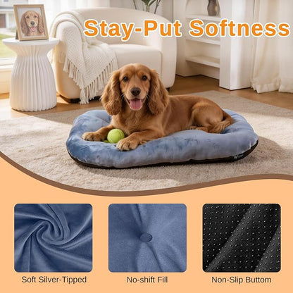 Washable Oval Small Dog Bed, Silver-Tipped High-Resilience, Dusty Blue | Non-Slip Bottom Prevents Sliding,Soft Plush Short Fur,Machine Washable Cushion,Ideal for Crates & Small Spaces,23"x17"x2.8"