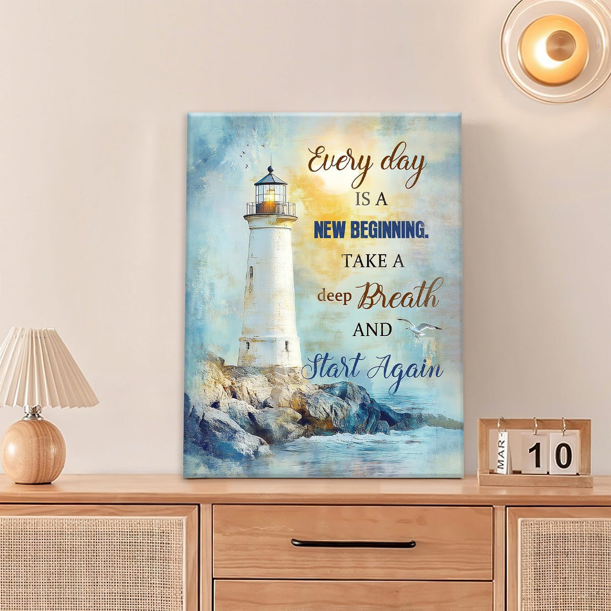 Ocean Lighthouse Pictures Wall Art, Coastal Nautical Bathroom Wall Decor Every Day is a New Beginning Motivational Quote Framed Painting Canvas Artwork for Bedroom Living Room Decorations 16"L x 12"W