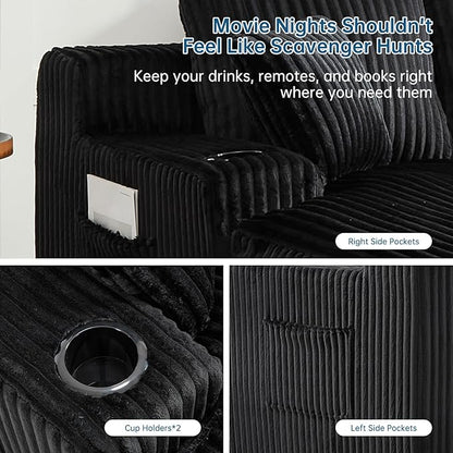 Asukale 60" Oversized Chaise Lounge Chair Indoor, Boneless Cloud Chair Bed with 4 Pillows & Armrests, No Assembly Corduroy Upholstered Sofa for Living Room, Bedroom, Apartment(Black)