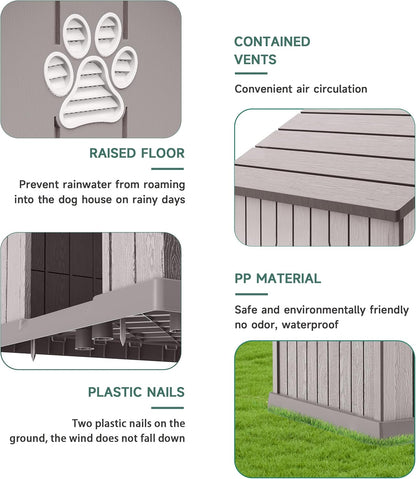 DRATO Indoor Outdoor Waterproof Dog House,PP Material,Puppy Shelter with Air Vents and Elevated Floor,Sturdy Dog Kennel for Small to Large Sized Dogs, Easy to Assemble (Gray, 38.62×36.26×38.07 Inches)