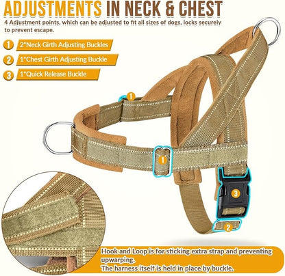 SlowTon No Pull Dog Harness with Front Clip - Heavy Duty, Soft Padded | Neck & Chest Adjustable, Tactical Pet Vest and Leash Set for Large Medium Sized Dogs, for Easy Walk & Training, Tan S
