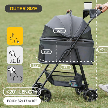 3 in 1 Pet Stroller with Removable Carrier, Folding Stroller for Small/Medium Dogs and Cats, Waterproof, All-Terrain, with Sun Shades, Car Seat