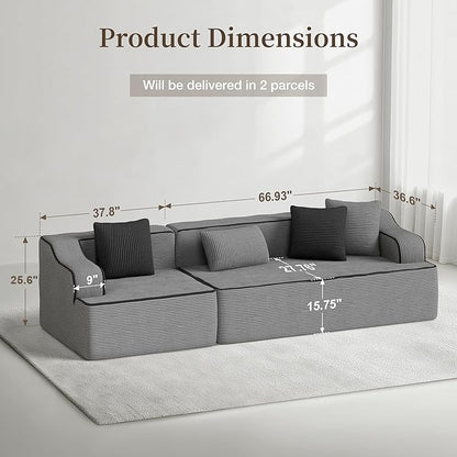 SUNSHINE VALLEY 3 Seat Boneless Sectional Couch in Box, 104'' Corduroy Modular Cloud Sofa for Living Room Bedroom, Modern Upholstered Couch with Deep Seat, No Assembly Required, Grey