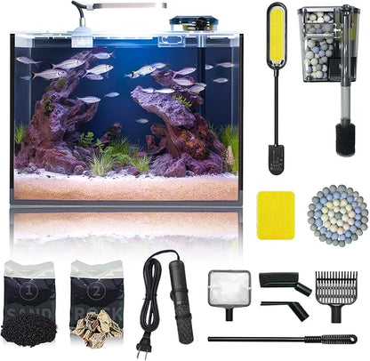 Wonderfactory 5 Gallon Small Aquarium Set Glass Fish Tank 6 Gallon, Starter Kit with Heater Water Pump Cleaning System Filter Bright Light Rocks Gravel Cleaning Tool, Clear Rimless Betta Plants