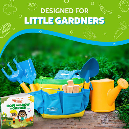 Blue Kids Gardening Tools - Includes Sturdy Tote Bag, Watering Can, Gloves, Shovels, Rake, and Delightful Children's Book - Kids Garden Tool Set -Easter Gifts for Toddler Age on up.