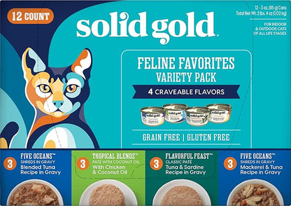 Solid Gold Wet Cat Food Variety Pack - Pate & Shreds in Gravy - Healthy Canned Cat Food Pate w/Real Chicken, Tuna, Mackerel & Sardine - Grain Free & Gluten Free Can Meals for Cats & Kittens - 24ct/3oz