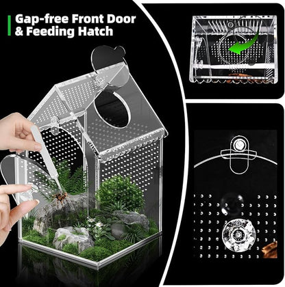 Cycodo Jumping Spider Enclosure,Warp-Proof Seamless Acrylic Tarantula Terrarium,Front Opening Bug Habitat with Feeding Port for Praying Mantis,Hermit Crabs,Snail,Micro Reptile(5" L*5" W*8" H)