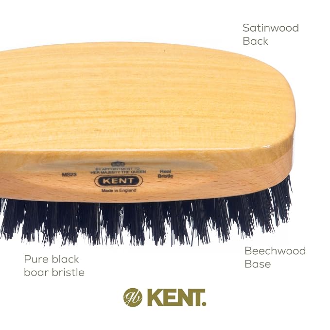 Kent MS23 Finest Men's Rectangular 100% Natural Satinwood & Beechwood Military Hair Brush with Medium Black Bristle for Mens Grooming, Scalp Brush, 360 Wave, and Beard Straightener