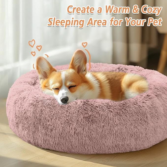 JOLLYVOGUE Calming Small Dog & Cat Bed for Indoor Cats - 20 inches Washable Donut Bed for Kittens & Puppies, Anti-Anxiety Round Fluffy Plush Pet Beds (Fits up to 15 lbs, Dark Pink)