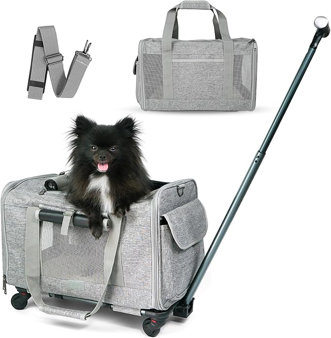 Pet Carrier With Wheels for Dogs Up To 15lbs – Airline Approved Dog Carrier - Rolling Pet Carrier w/ Removable Wheels & Washable Plush Mat – Cat Travel Carrier w/ Telescopic Handle & Shoulder Strap