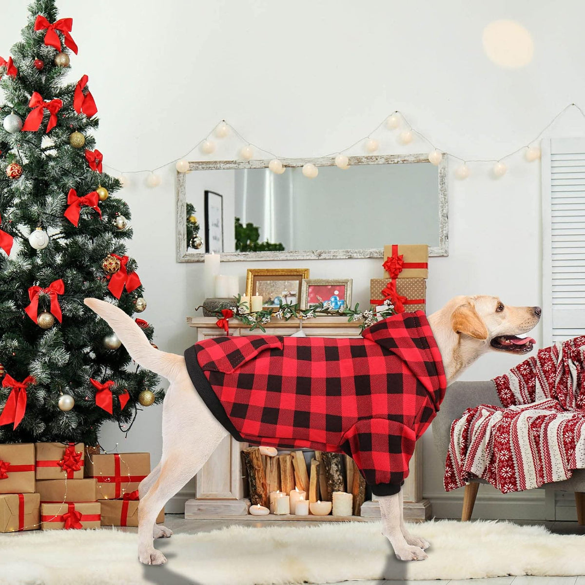 Dog Hoodie Sweater Red Buffalo Plaid Pet Clothes Warm and Soft Breathable Cozy Large Pet Sweater Dog Hoodies for Large Dogs with Pocket(L)